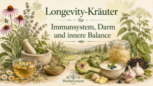 Longevity-Immunsystem-Darm-Balance Ki-generiertes Symbolbild zum Thema "Longevity-Kräuter für Immunsystem, Darm & innere Balance"